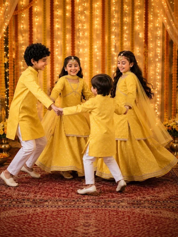 Indi-Loom_Couture_Girls_Yellow_Chanderi_Booti_Kurta_Skirt_With_Dupatta_Set