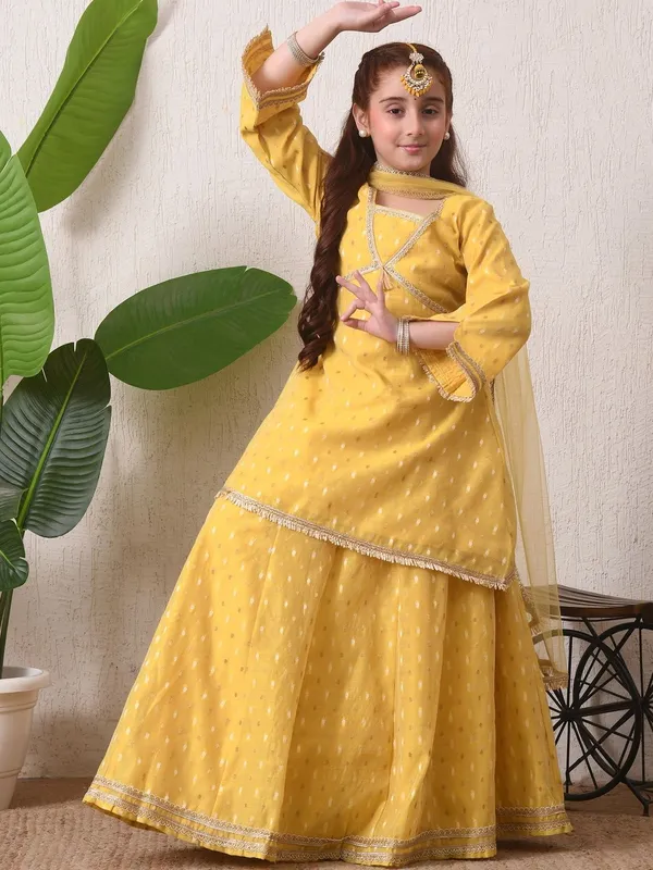 Indi-Loom_Couture_Girls_Yellow_Chanderi_Booti_Kurta_Skirt_With_Dupatta_Set
