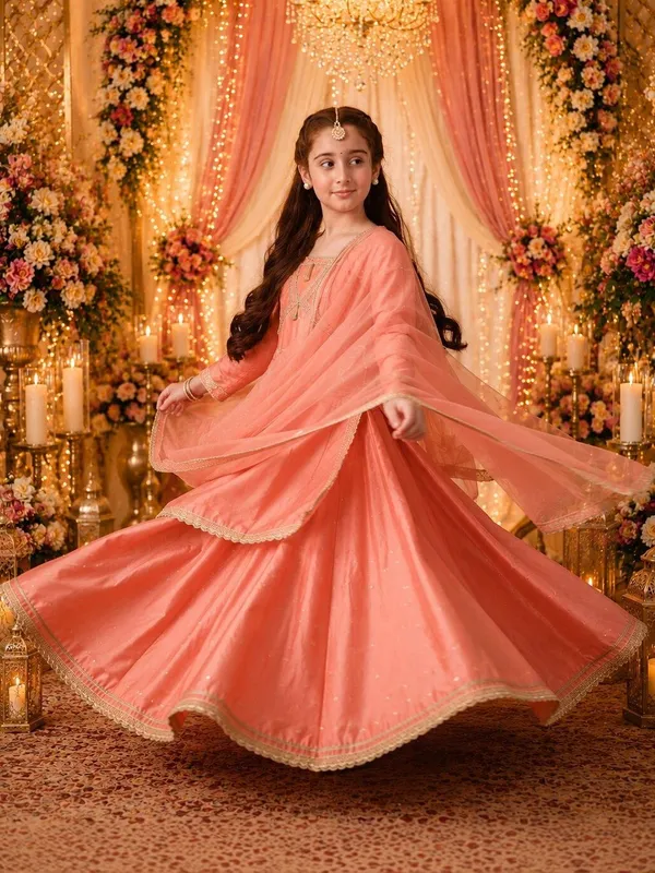 Indi-Loom_Couture_Girls_Peach_Booti_Kurta_With_Skirt_&_Dupatta_Set