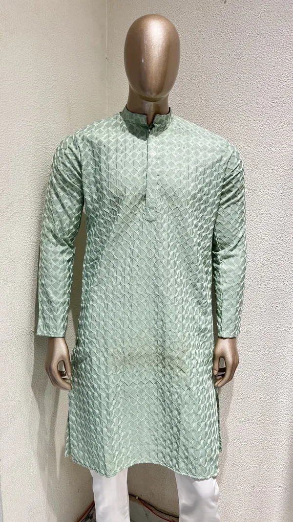 Mens_Mint_Green_Geometric_Patterned_Sequence_Embroidered_Kurta
