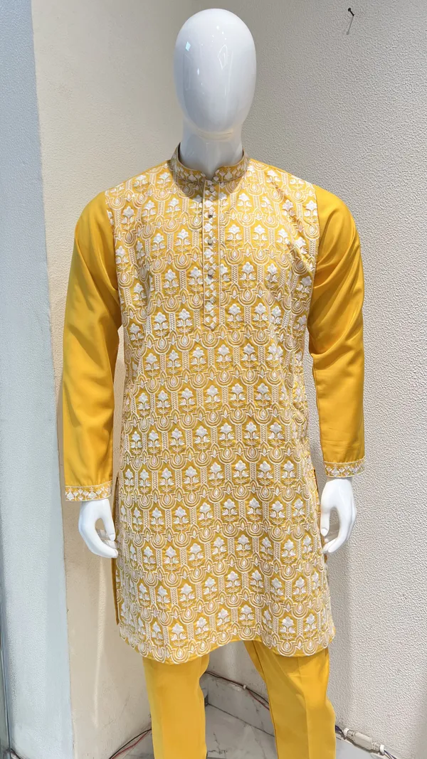 Men's_Yellow_Wedding_And_Festive_Ready_to_Wear_Kurta_Pant_and_Dupatta_Set_with_Heavy_Embroidery