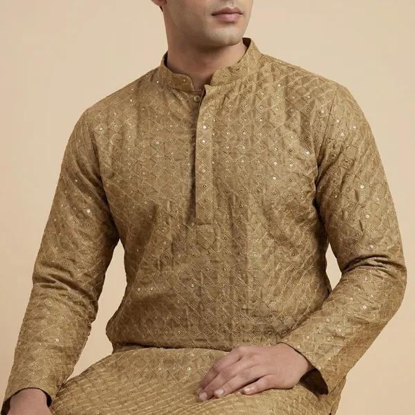 Mens_Gold_And_Brown_Geometric_Patterned_Sequence_Embroidered_Kurta