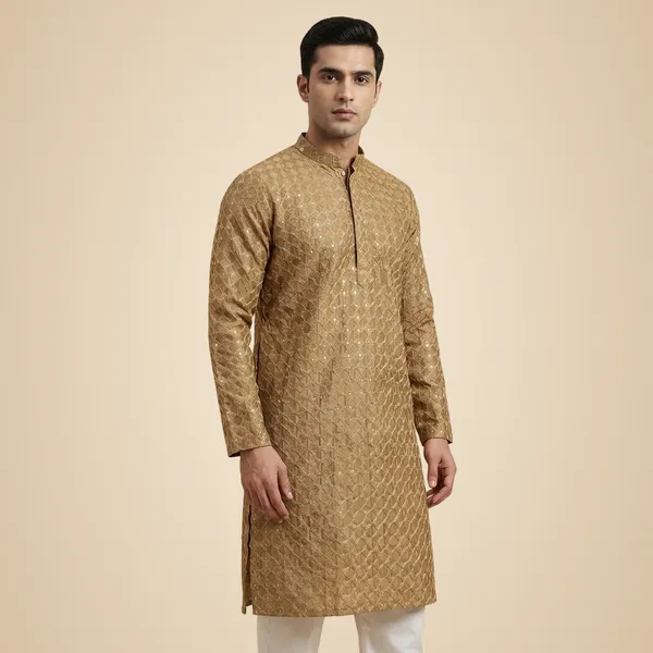 Mens_Gold_And_Brown_Geometric_Patterned_Sequence_Embroidered_Kurta
