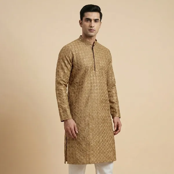 Mens_Gold_And_Brown_Geometric_Patterned_Sequence_Embroidered_Kurta