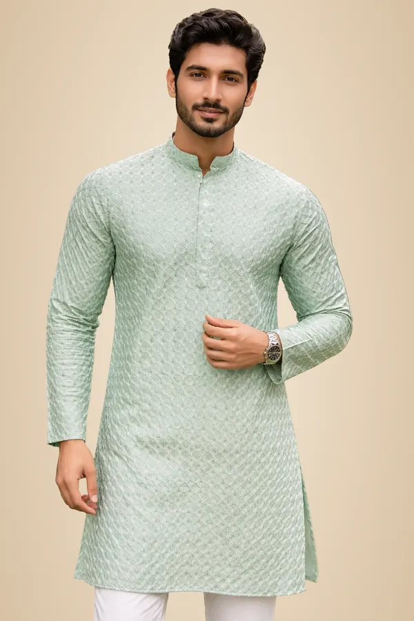 Mens_Mint_Green_Geometric_Patterned_Sequence_Embroidered_Kurta