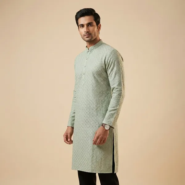 Mens_Mint_Green_Geometric_Patterned_Sequence_Embroidered_Kurta