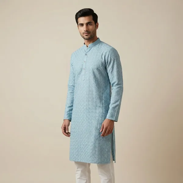 Mens_Aqua_Blue_Geometric_Patterned_Sequence_Embroidered_Kurta