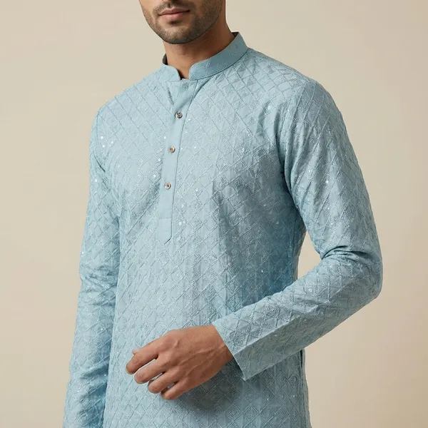Mens_Aqua_Blue_Geometric_Patterned_Sequence_Embroidered_Kurta