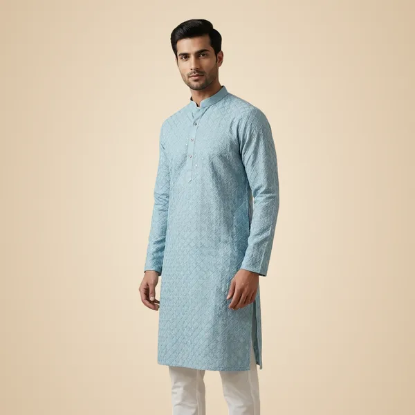 Mens_Aqua_Blue_Geometric_Patterned_Sequence_Embroidered_Kurta
