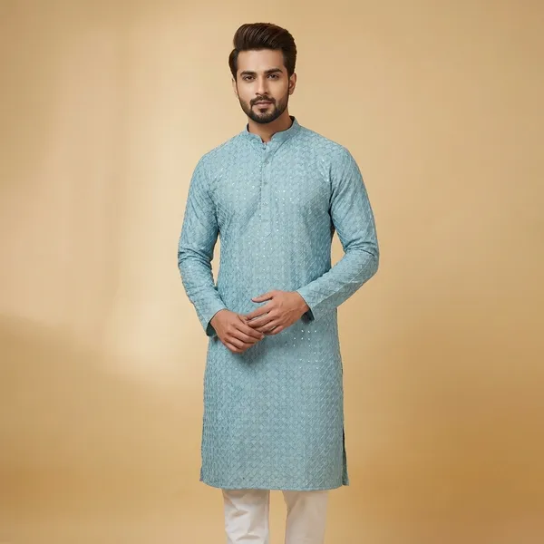 Mens_Aqua_Blue_Geometric_Patterned_Sequence_Embroidered_Kurta