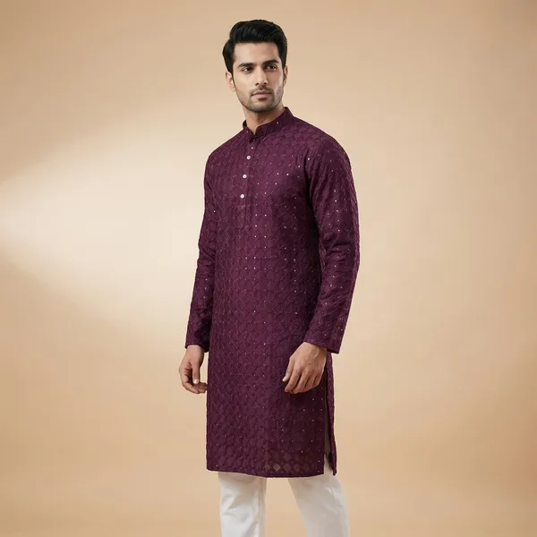 Mens_Wine_Geometric_Patterned_Sequence_Embroidered_Kurta