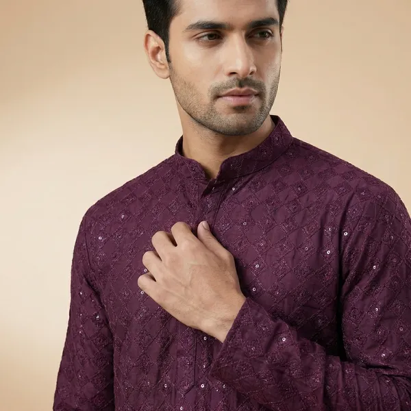 Mens_Wine_Geometric_Patterned_Sequence_Embroidered_Kurta