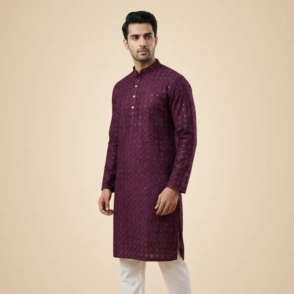 Mens_Wine_Geometric_Patterned_Sequence_Embroidered_Kurta