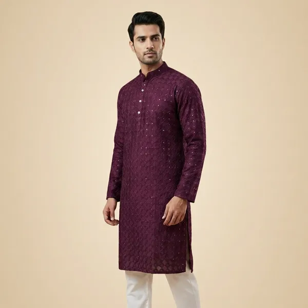 Mens_Wine_Geometric_Patterned_Sequence_Embroidered_Kurta