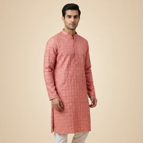 Mens_Peach_Geometric_Patterned_Sequence_Embroidered_Kurta