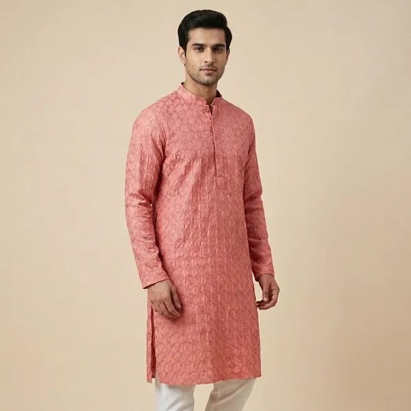 Mens_Peach_Geometric_Patterned_Sequence_Embroidered_Kurta