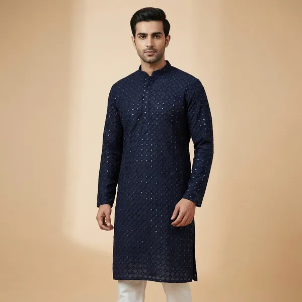 Mens_Navy_Blue_Geometric_Patterned_Sequence_Embroidered_Kurta