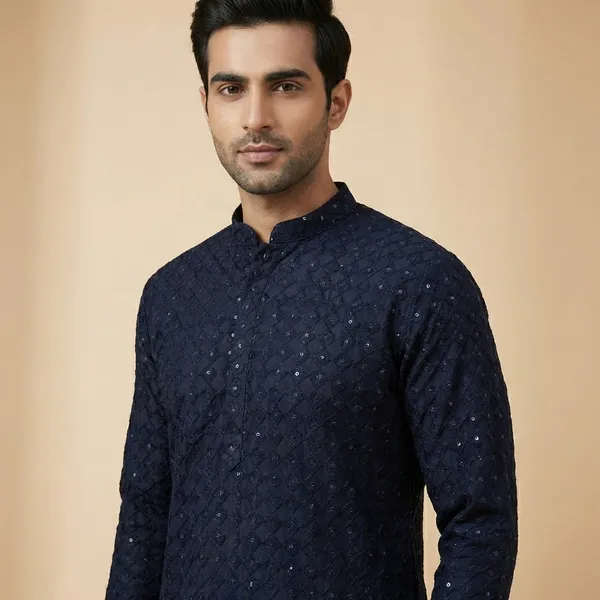 Mens_Navy_Blue_Geometric_Patterned_Sequence_Embroidered_Kurta