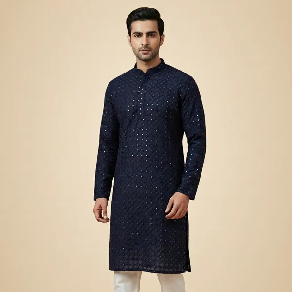 Mens_Navy_Blue_Geometric_Patterned_Sequence_Embroidered_Kurta