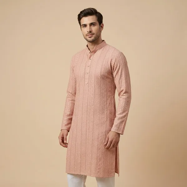Mens_Peach_Striped_Patterned_Embroidered_Kurta