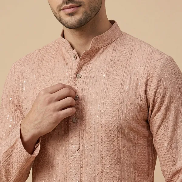 Mens_Peach_Striped_Patterned_Embroidered_Kurta