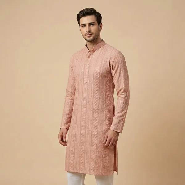Mens_Peach_Striped_Patterned_Embroidered_Kurta