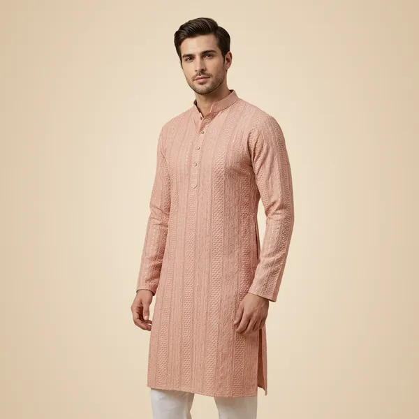 Mens_Peach_Striped_Patterned_Embroidered_Kurta