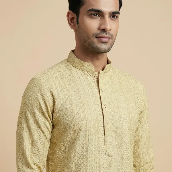 Mens_Golden_Beige_Striped_Patterned_Embroidered_Kurta