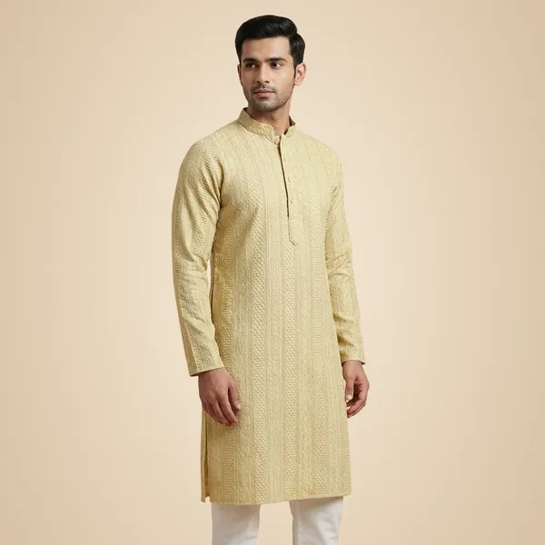 Mens_Golden_Beige_Striped_Patterned_Embroidered_Kurta
