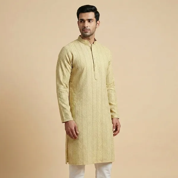 Mens_Golden_Beige_Striped_Patterned_Embroidered_Kurta