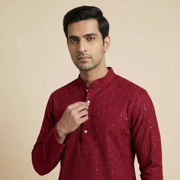Mens_Maroon_Striped_Patterned_Embroidered_Kurta