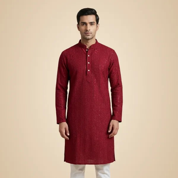 Mens_Maroon_Striped_Patterned_Embroidered_Kurta