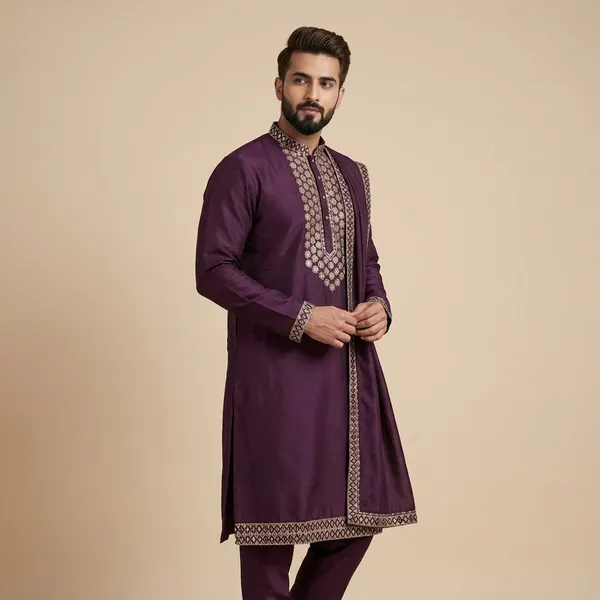 Mens_Wine_Kurta,_Pant_and_Dupatta_Set_with_Zari_Work
