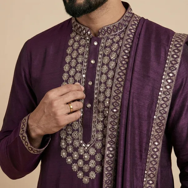 Mens_Wine_Kurta,_Pant_and_Dupatta_Set_with_Zari_Work