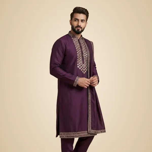 Mens_Wine_Kurta,_Pant_and_Dupatta_Set_with_Zari_Work