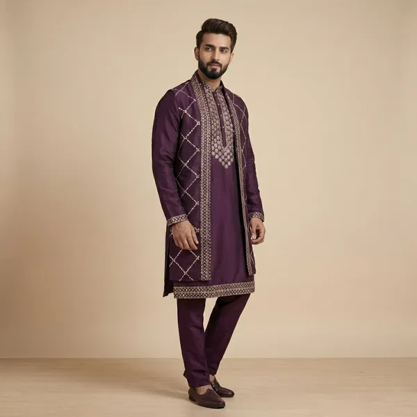 Mens_Wine_Kurta,_Pant_and_Dupatta_Set_with_Zari_Work