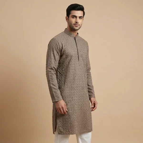 Mens_Taupe_Geometric_Patterned_Sequence_Embroidered_Kurta