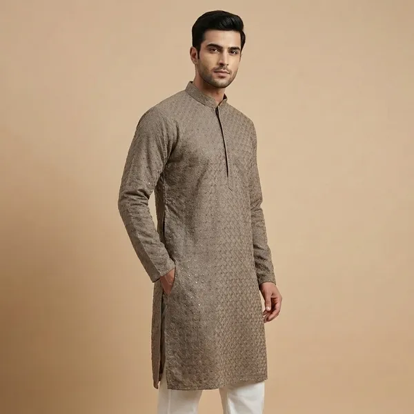 Mens_Taupe_Geometric_Patterned_Sequence_Embroidered_Kurta