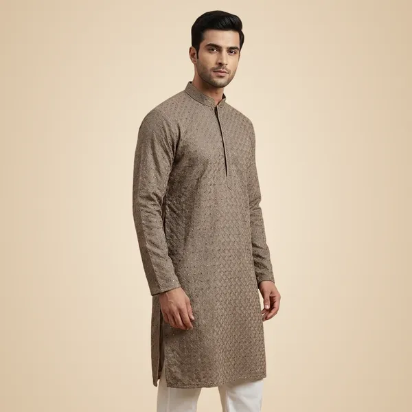 Mens_Taupe_Geometric_Patterned_Sequence_Embroidered_Kurta