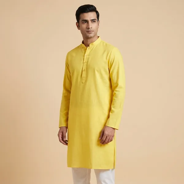 Mens_Cotton_Bright_Yellow_Full_Sleeves_Kurta_with_Band_Collar