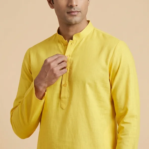 Mens_Cotton_Bright_Yellow_Full_Sleeves_Kurta_with_Band_Collar
