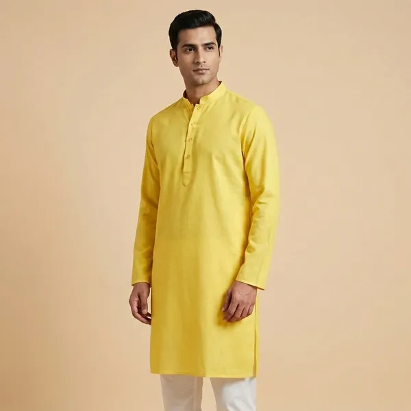 Mens_Cotton_Bright_Yellow_Full_Sleeves_Kurta_with_Band_Collar
