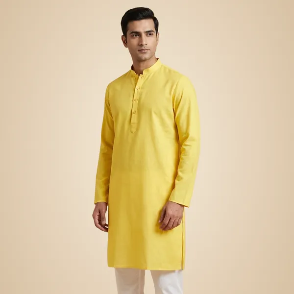 Mens_Cotton_Bright_Yellow_Full_Sleeves_Kurta_with_Band_Collar