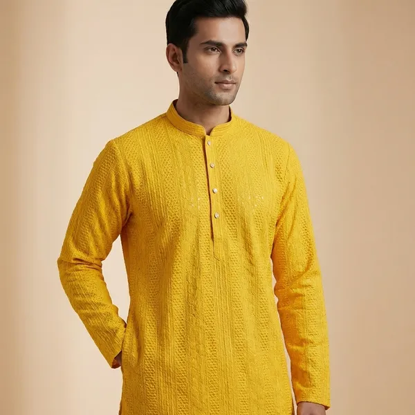 Mens_Yellow_Stripped_Patterned_Chikankari_Sequince_Long_Kurta