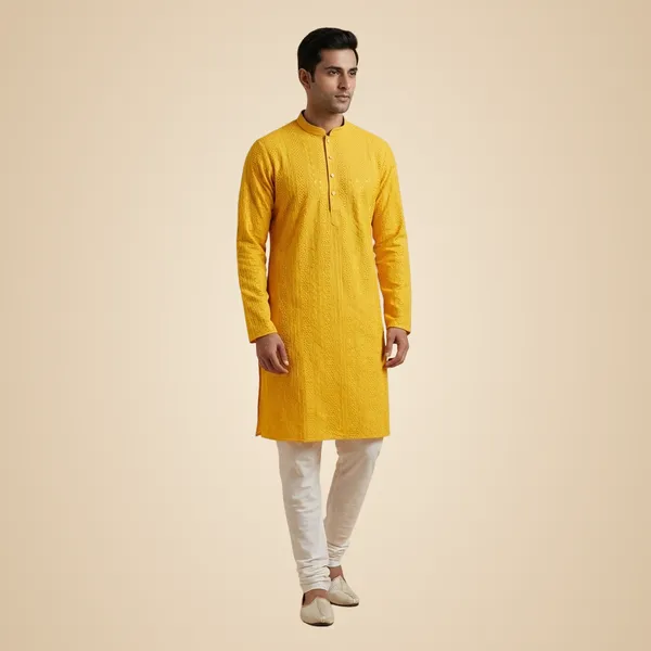 Mens_Yellow_Stripped_Patterned_Chikankari_Sequince_Long_Kurta