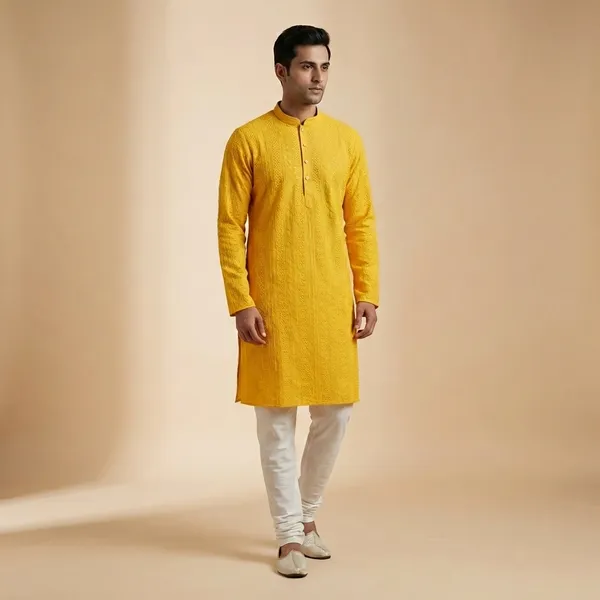 Mens_Yellow_Stripped_Patterned_Chikankari_Sequince_Long_Kurta