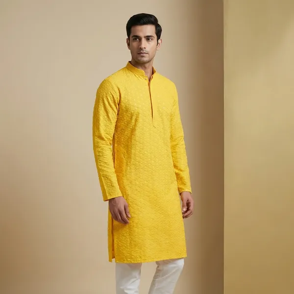 Mens_Yellow_Diamond_Shaped_Patterned_Chikankari_Kurta