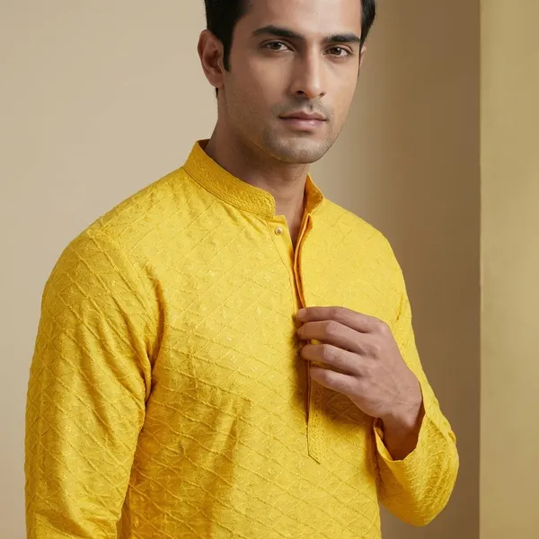 Mens_Yellow_Diamond_Shaped_Patterned_Chikankari_Kurta