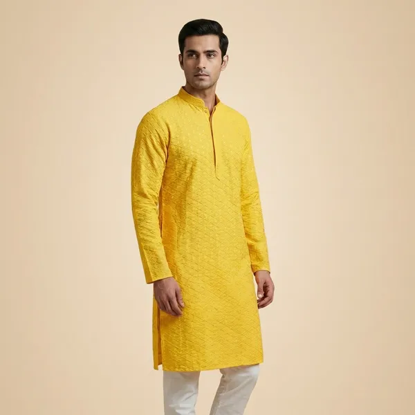Mens_Yellow_Diamond_Shaped_Patterned_Chikankari_Kurta