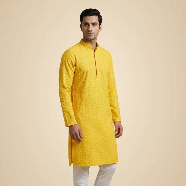 Mens_Yellow_Diamond_Shaped_Patterned_Chikankari_Kurta